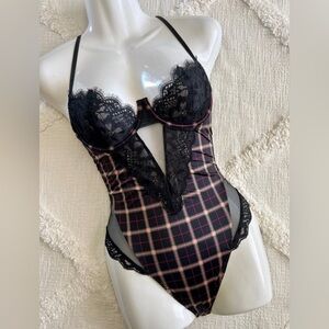 Black and Pink Plaid Lace Bodysuit
